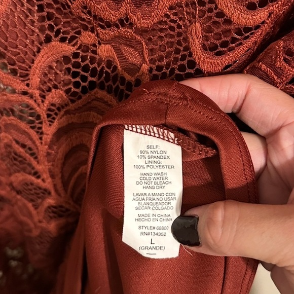 Ambiance Lace Overlay Off the Shoulder Bardot Mini Dress, Rust, Sz Large - Picture 4 of 5